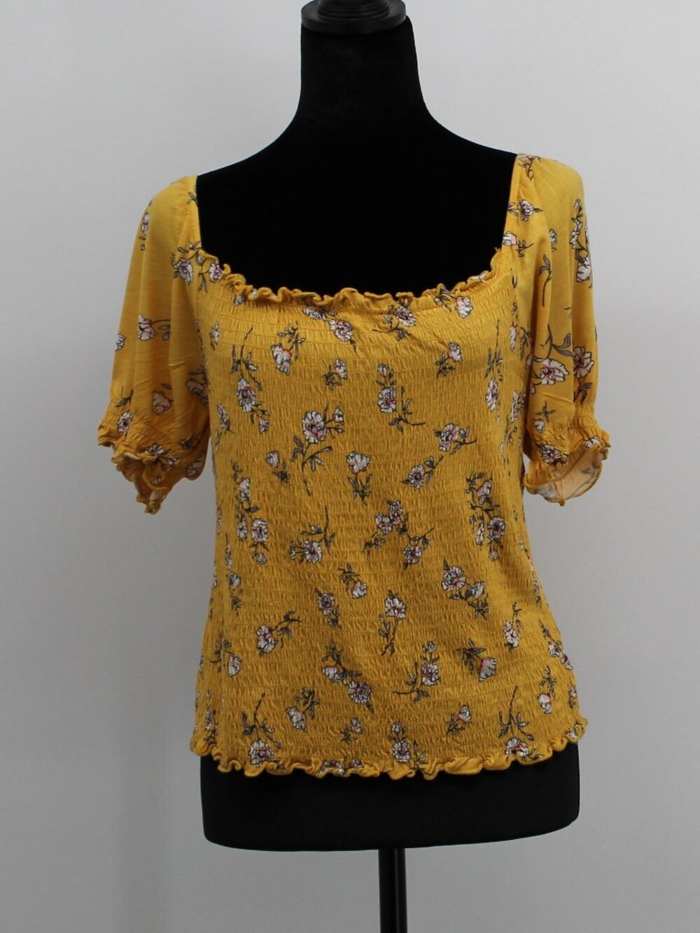 Floral Boho Smocked Bodice Crop Top Ruffle Mustard Size Large